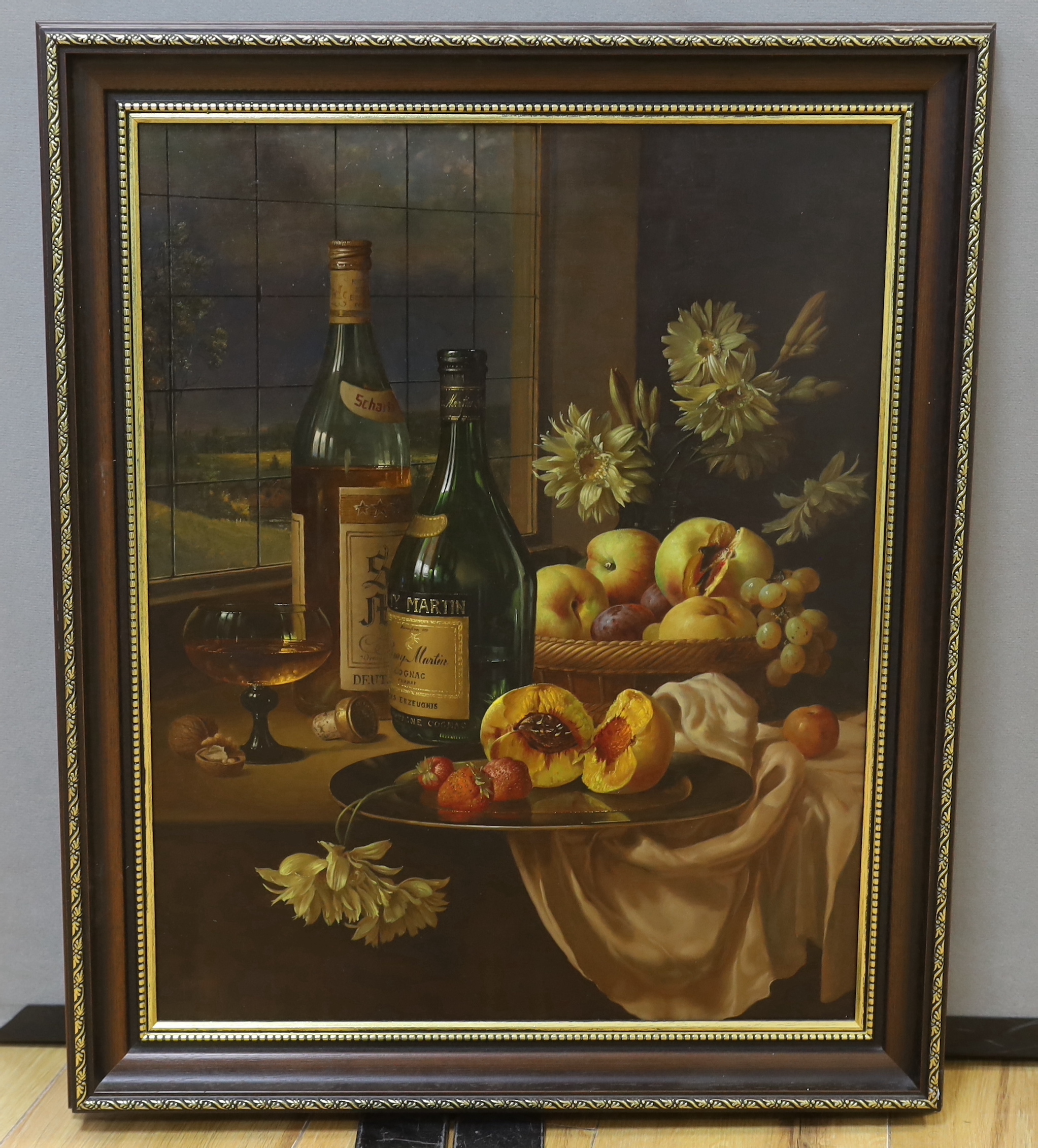 Gyula Bubarnik (Hungarian 1936-2010), oil on board, Still life of fruit and vessels, signed, stamped Kivitelre Engedelyezve MNG verso, 49cm x 39cm